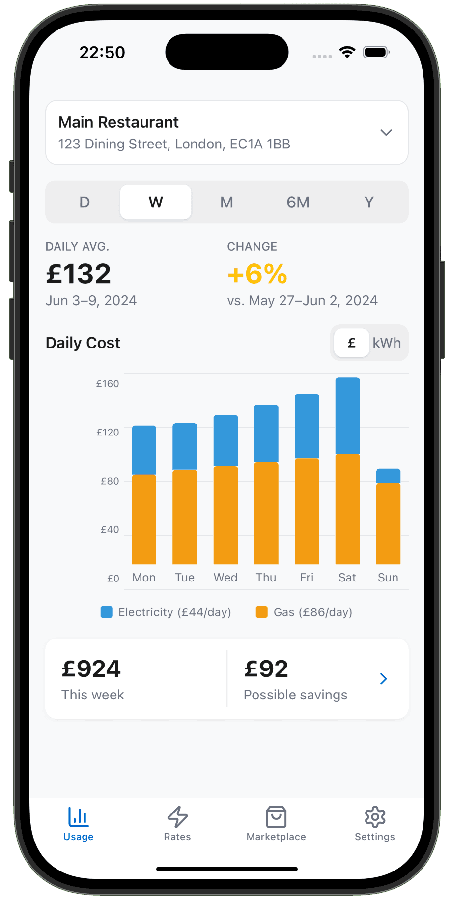 VoltView app showing energy usage